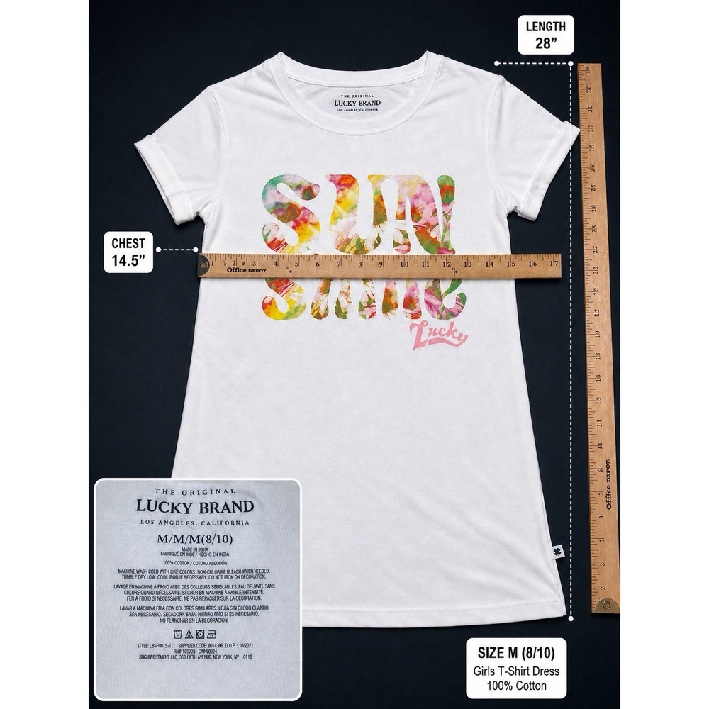 Lucky Brand Girls Sun Shine T-Shirt Dress M 8/10 White Graphic Cotton
